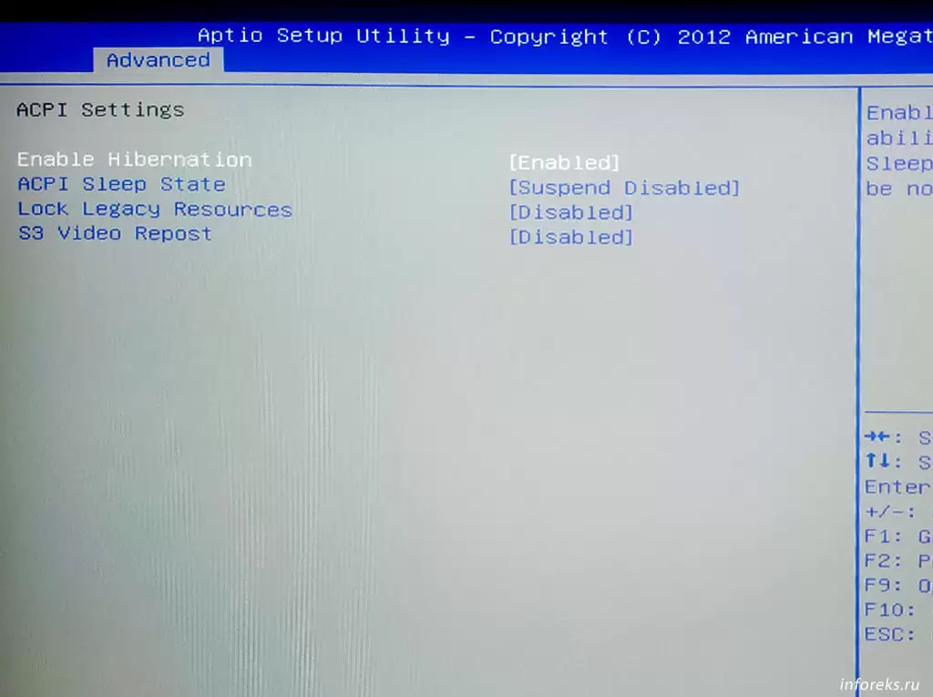 Настройки ACPI Пункт меню Advanced - ACPI Settings