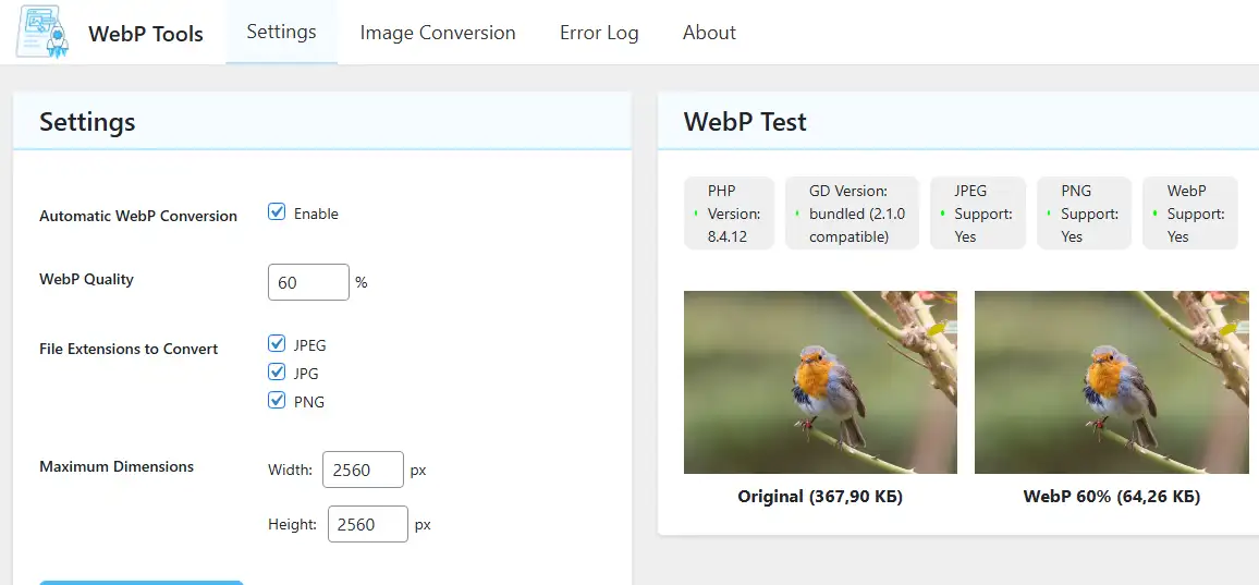 настройки плагина WebP Tools