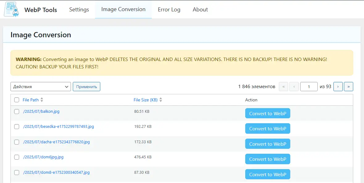 вкладка Image Conversion